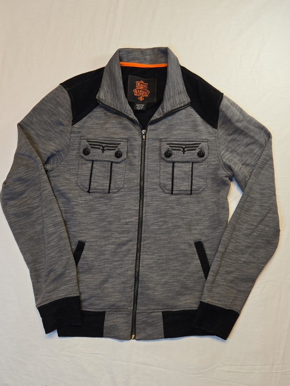 Rock Revival Grey & Black Full Zip Emnroidered Logo Cotton Blend Sweater Jacket